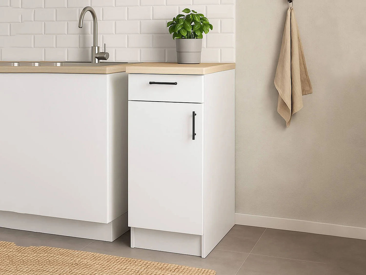 Despensa de cocina Orvia, un cajón, 40x60x90h cm blanco, mueble de cocina, un estante, 2 compartimentos