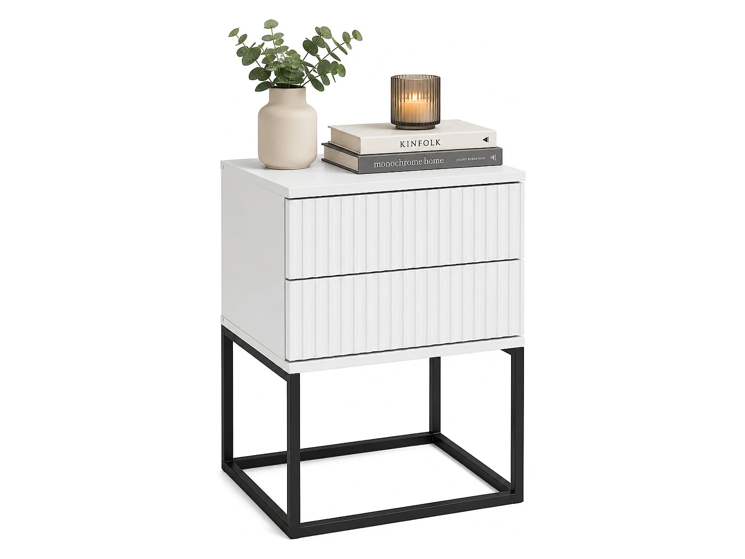 Comodino Lehatava, 2 Cassetti, 40x39x65h cm Bianco, un Ripiano, Apertura Scorrevole