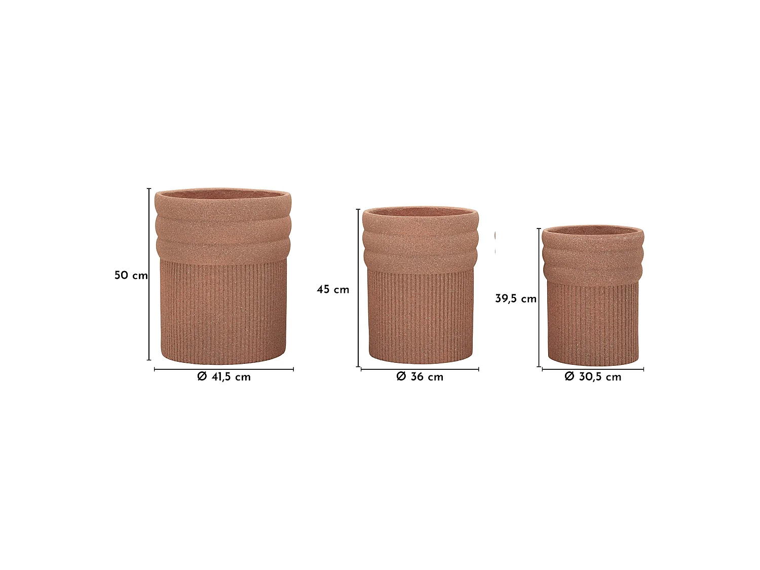 Vaso Gafase, set 3 Vasi, Marrone Terracotta, Diametro Vaso Grande: 37, Vaso Medio: 32, Vaso Piccolo: 27 cm, Sfumatura Colore Struttura Terracotta