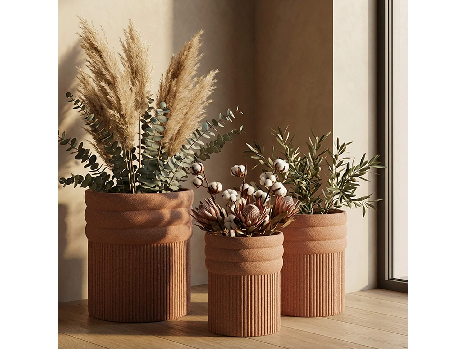 Vaso Gafase, set 3 Vasi, Marrone Terracotta, Diametro Vaso Grande: 37, Vaso Medio: 32, Vaso Piccolo: 27 cm, Sfumatura Colore Struttura Terracotta