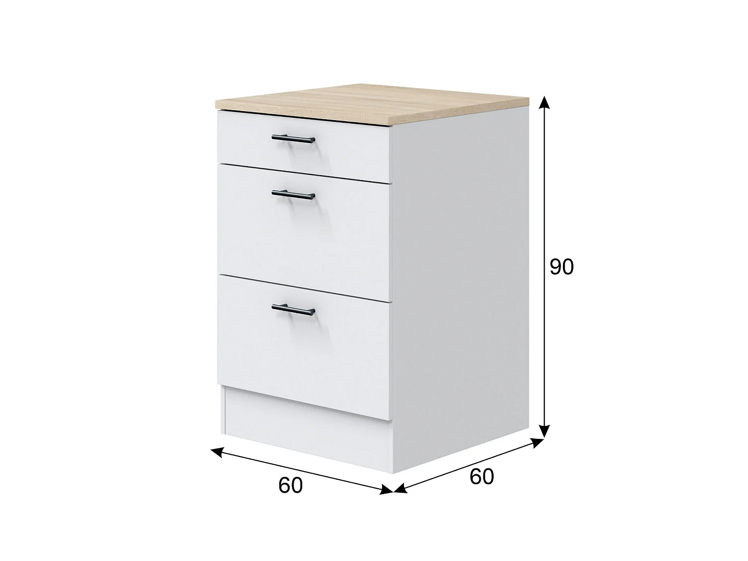 Despensa de cocina Sirea, 3 cajones, 60x60x90h cm blanca, mueble de cocina, apertura corredera, cierre soft close