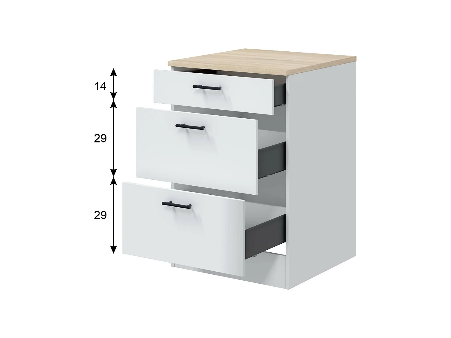 Despensa de cocina Sirea, 3 cajones, 60x60x90h cm blanca, mueble de cocina, apertura corredera, cierre soft close