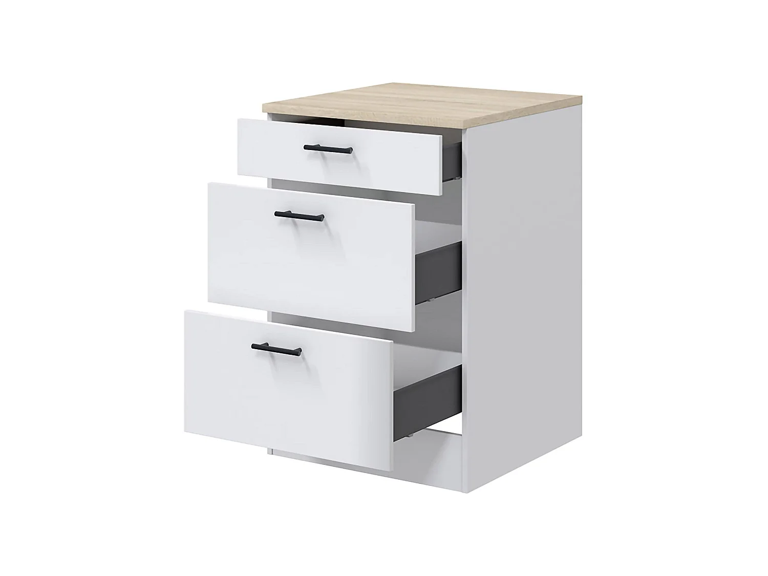 Despensa de cocina Sirea, 3 cajones, 60x60x90h cm blanca, mueble de cocina, apertura corredera, cierre soft close