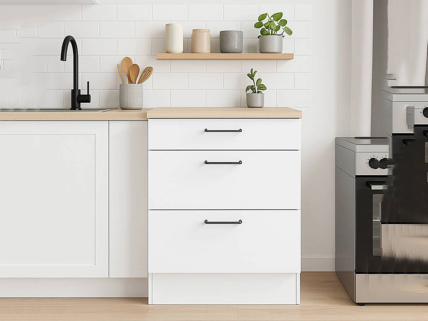 Despensa de cocina Sirea, 3 cajones, 60x60x90h cm blanca, mueble de cocina, apertura corredera, cierre soft close