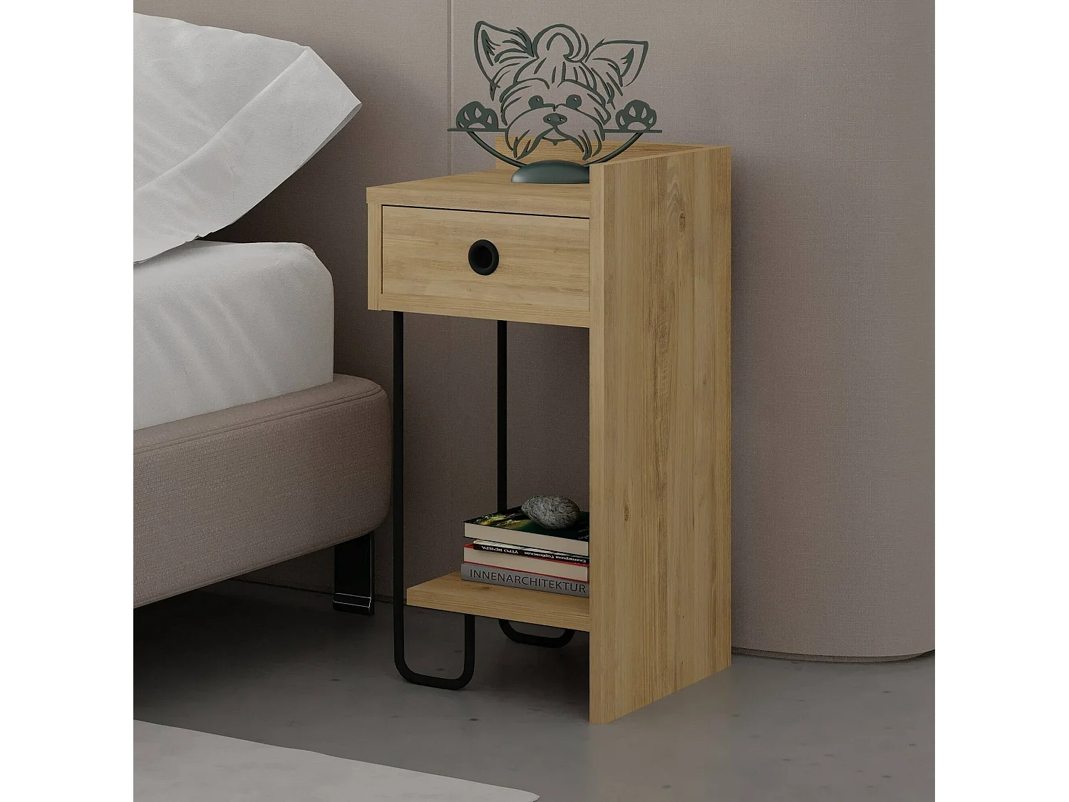 Comodino Halola, un Cassetto, 32x30x61h cm Marrone Quercia, 2 Ripiani, Apertura Scorrevole