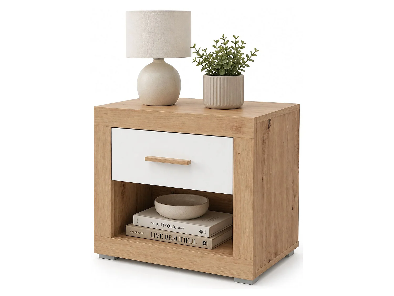 Comodino Varkal, un Cassetto, 52x35x47h cm Marrone Rovere, 2 Ripiani, Apertura Scorrevole