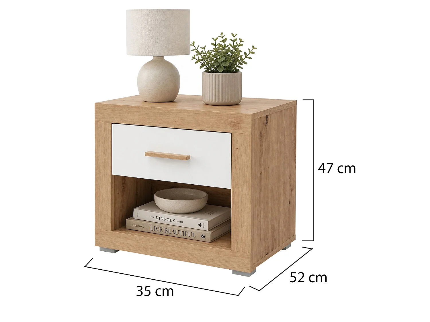 Comodino Varkal, un Cassetto, 52x35x47h cm Marrone Rovere, 2 Ripiani, Apertura Scorrevole