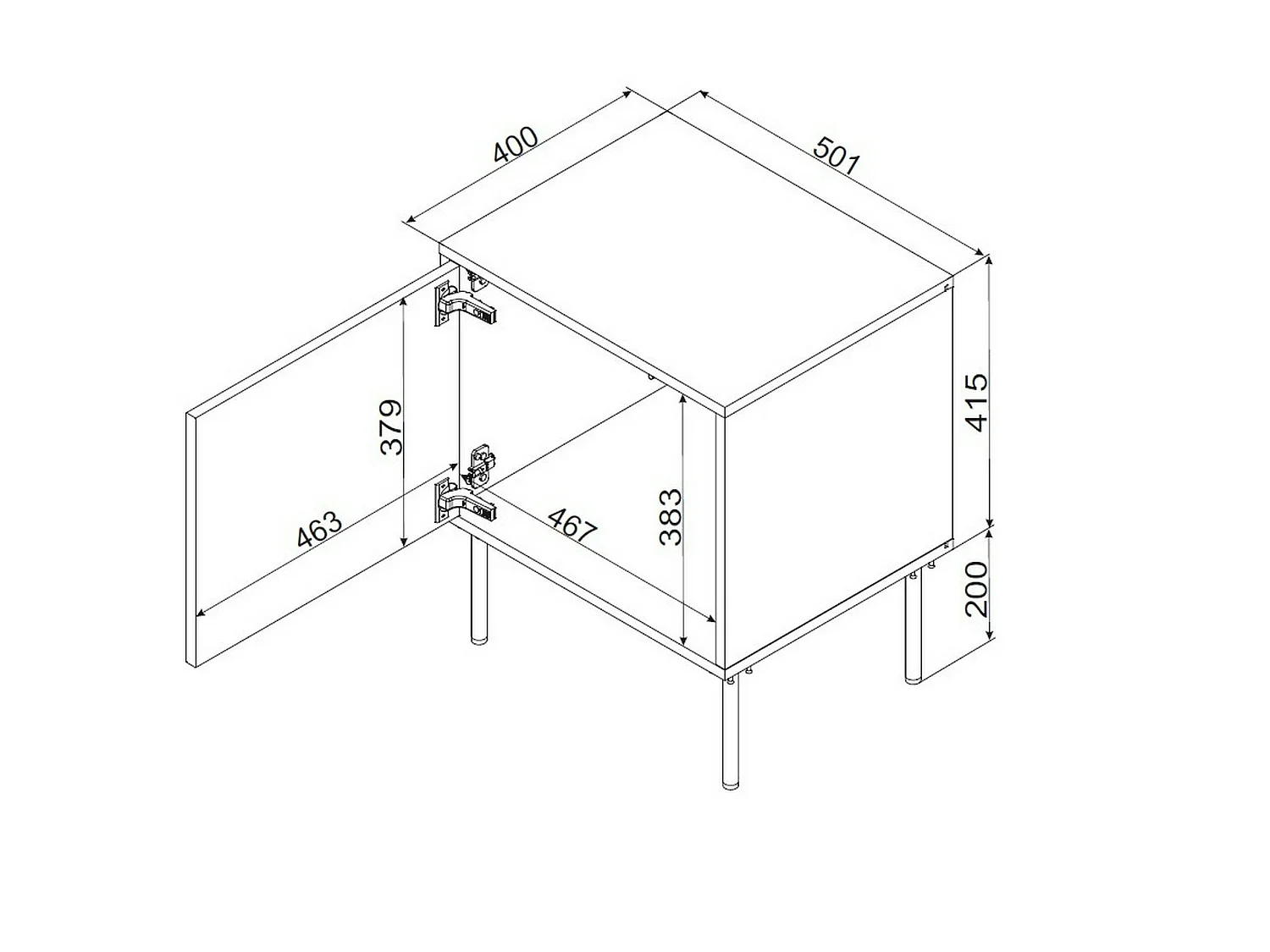 Mesa de cabeceira Ussana, uma prateleira, 50x40x62h cm Preto, Abertura de batente, Uma porta