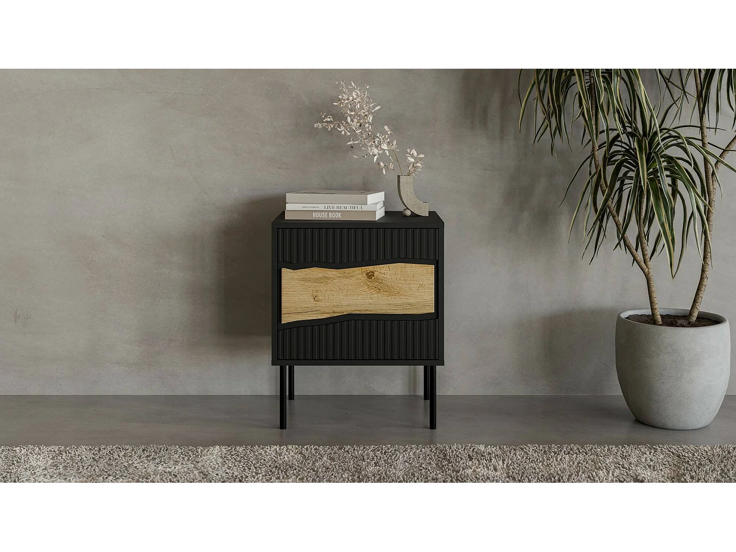 Mesa de cabeceira Ussana, uma prateleira, 50x40x62h cm Preto, Abertura de batente, Uma porta