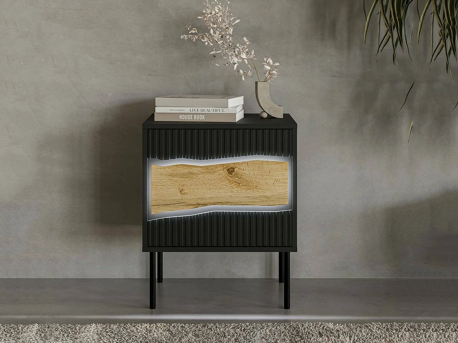 Mesa de cabeceira Ussana, uma prateleira, 50x40x62h cm Preto, Abertura de batente, Uma porta