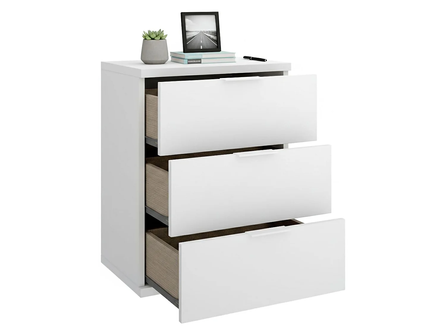 Comodino Blythe, un Ripiano, 34x42x57h cm Bianco, 3 Cassetti, Apertura Scorrevole