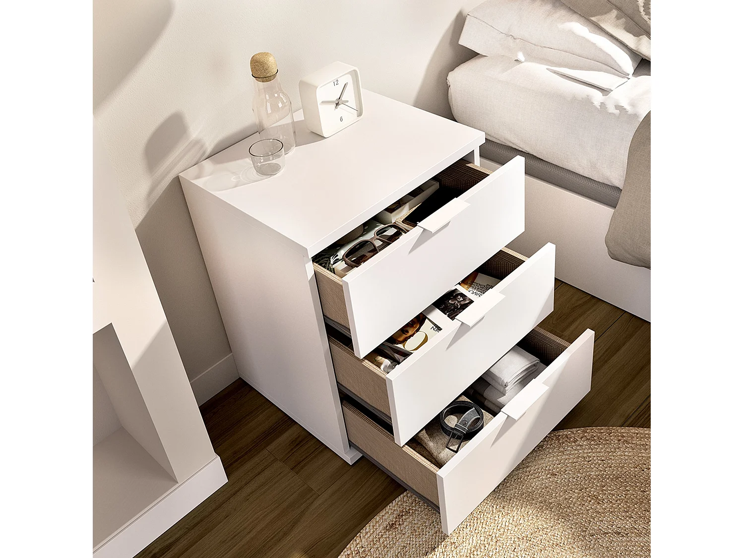 Comodino Blythe, un Ripiano, 34x42x57h cm Bianco, 3 Cassetti, Apertura Scorrevole
