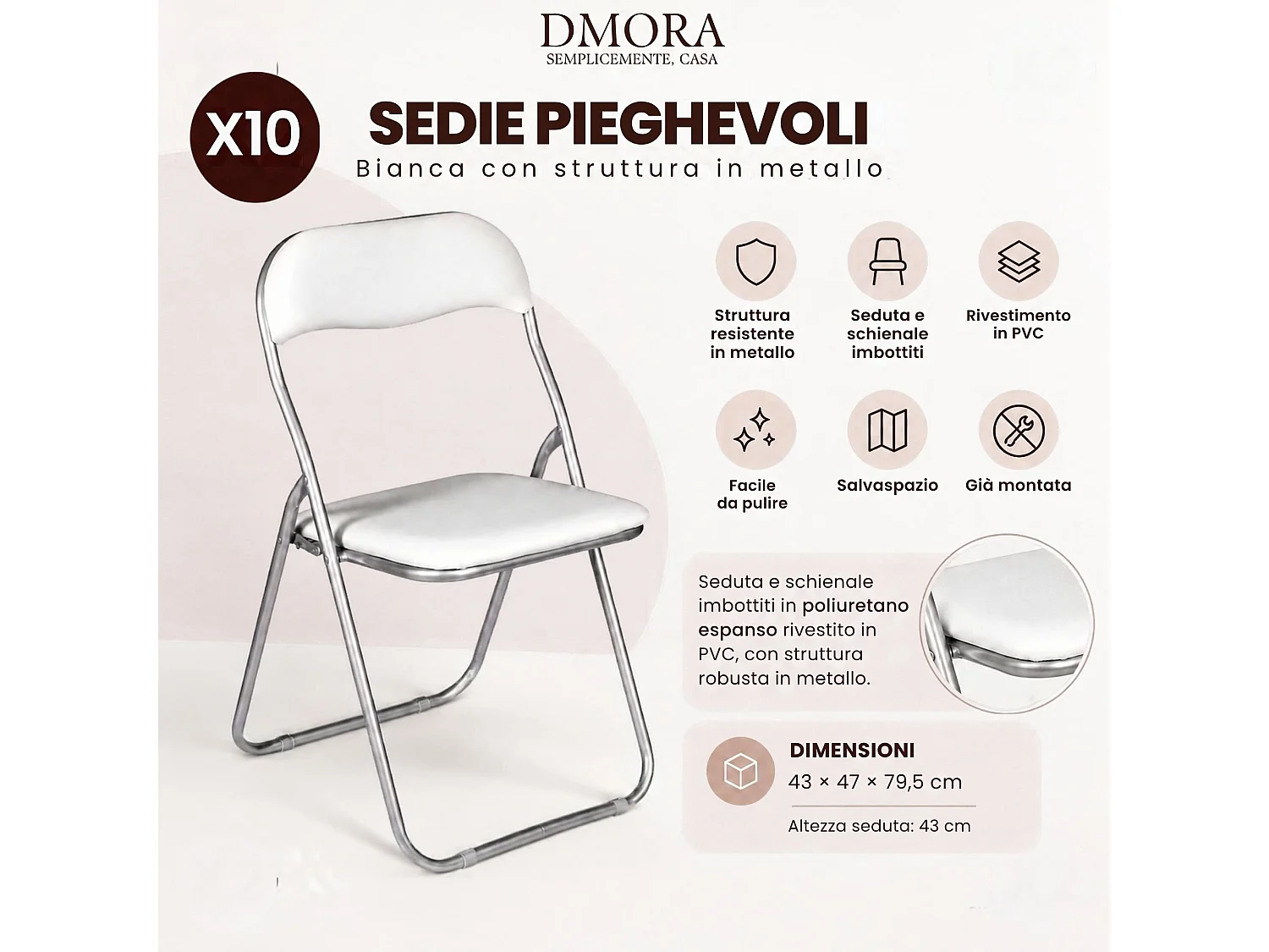 Set di Sedie Antenore, 10 Sedie, Bianco, Imbottito, Peso Supportato 80 kg