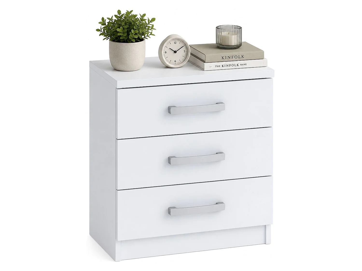 Comodino Lebale, 3 Cassetti, 46x43x59h cm Bianco, Apertura Scorrevole, Chiusura Scorrevole