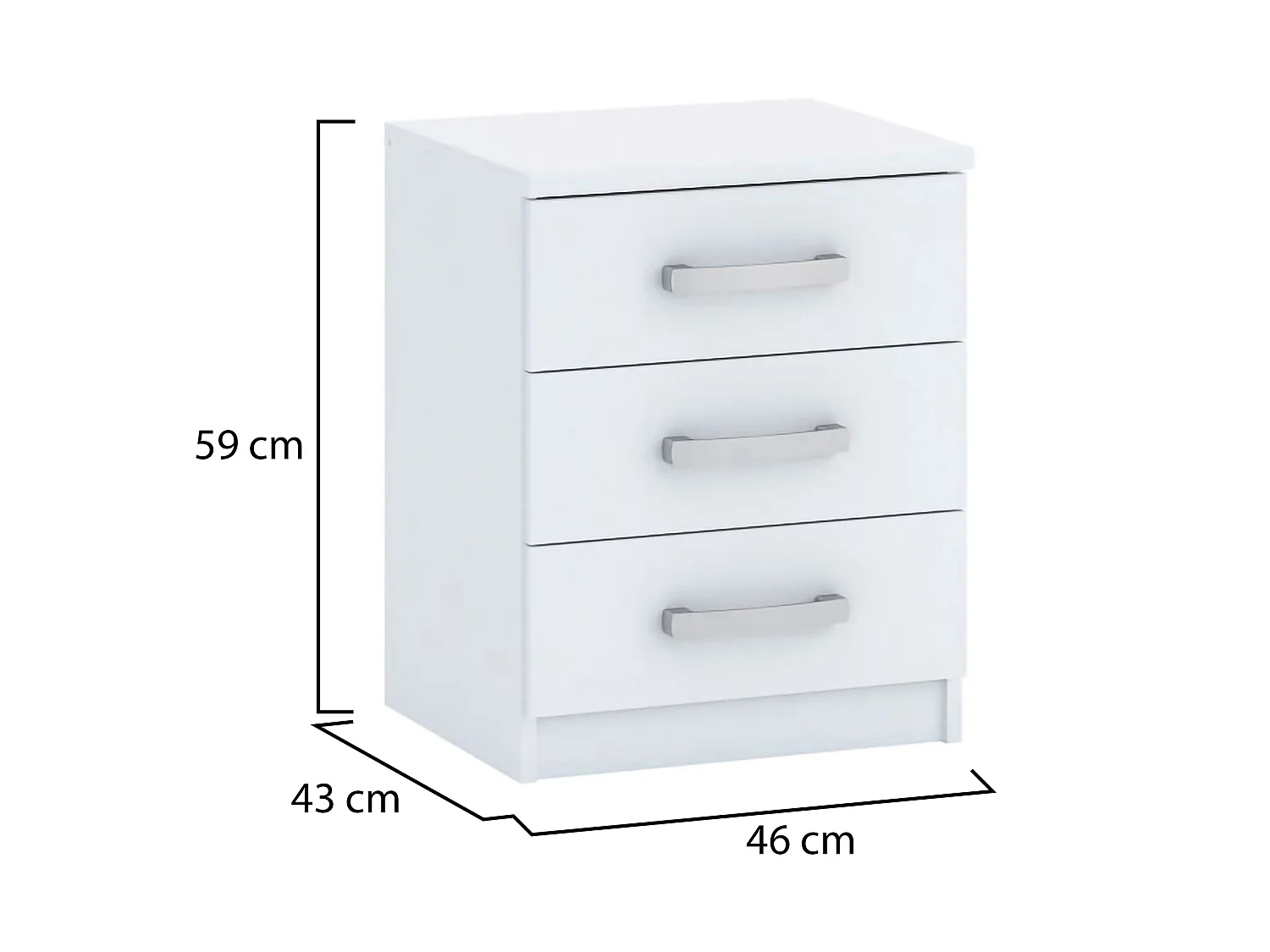 Comodino Lebale, 3 Cassetti, 46x43x59h cm Bianco, Apertura Scorrevole, Chiusura Scorrevole