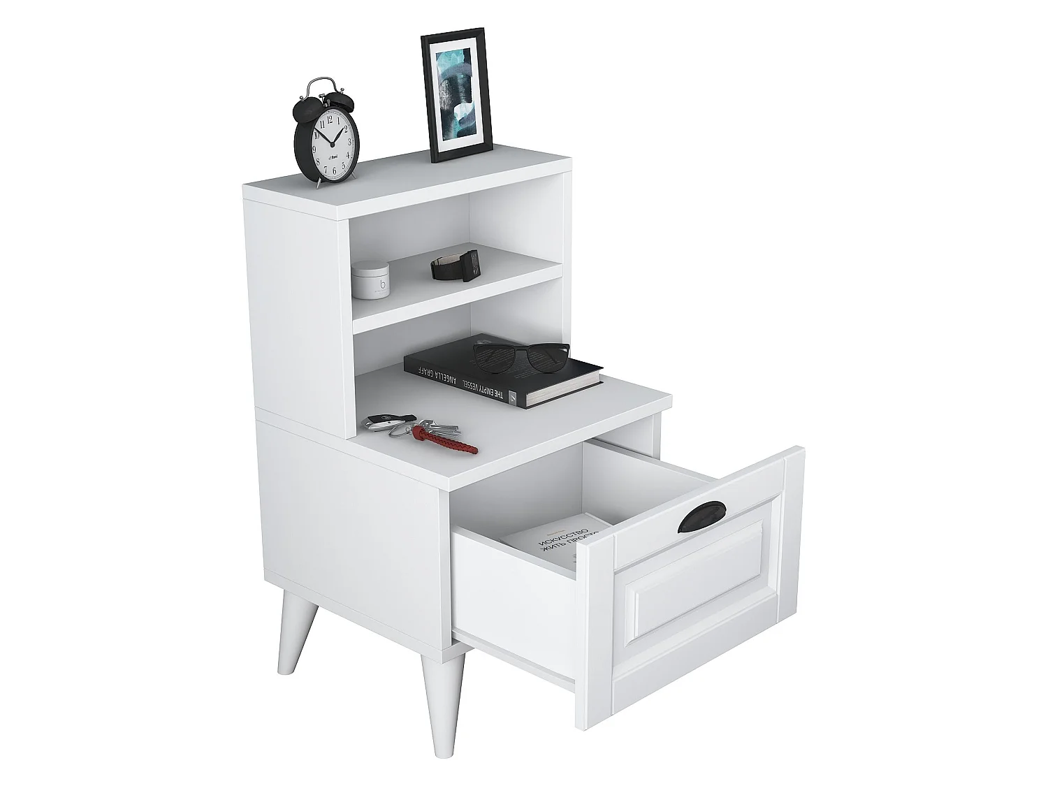 Comodino Offagna, un Ripiano, 45x40x74h cm Bianco, un Cassetto, Apertura Scorrevole