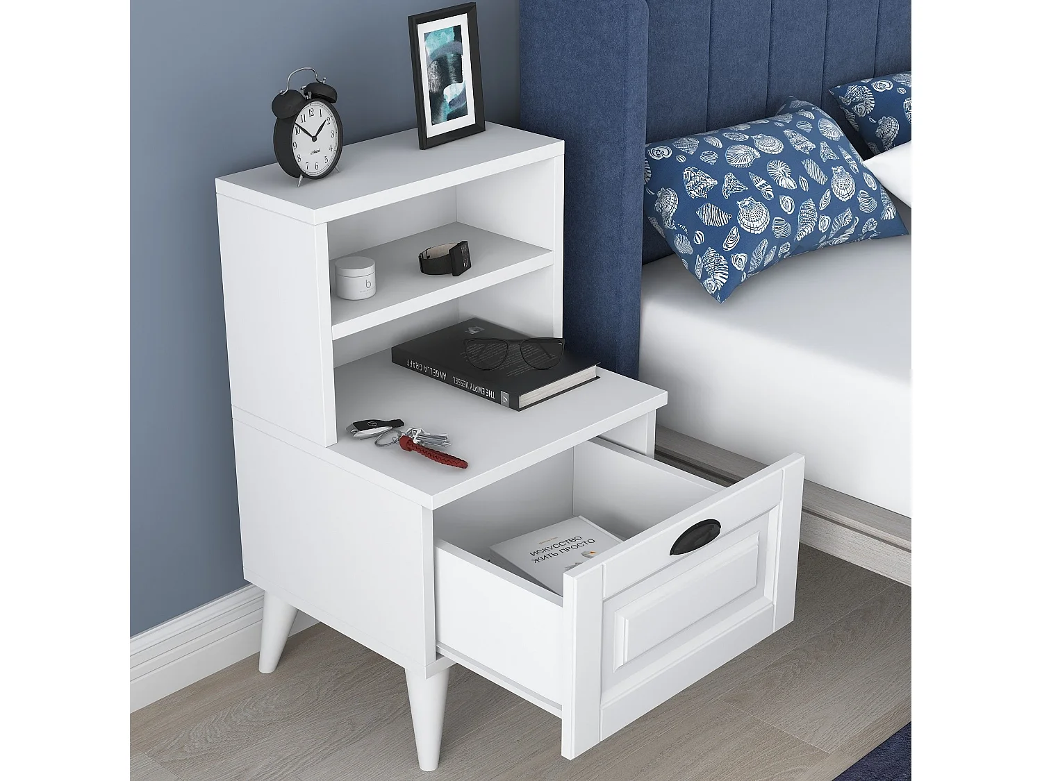 Comodino Offagna, un Ripiano, 45x40x74h cm Bianco, un Cassetto, Apertura Scorrevole