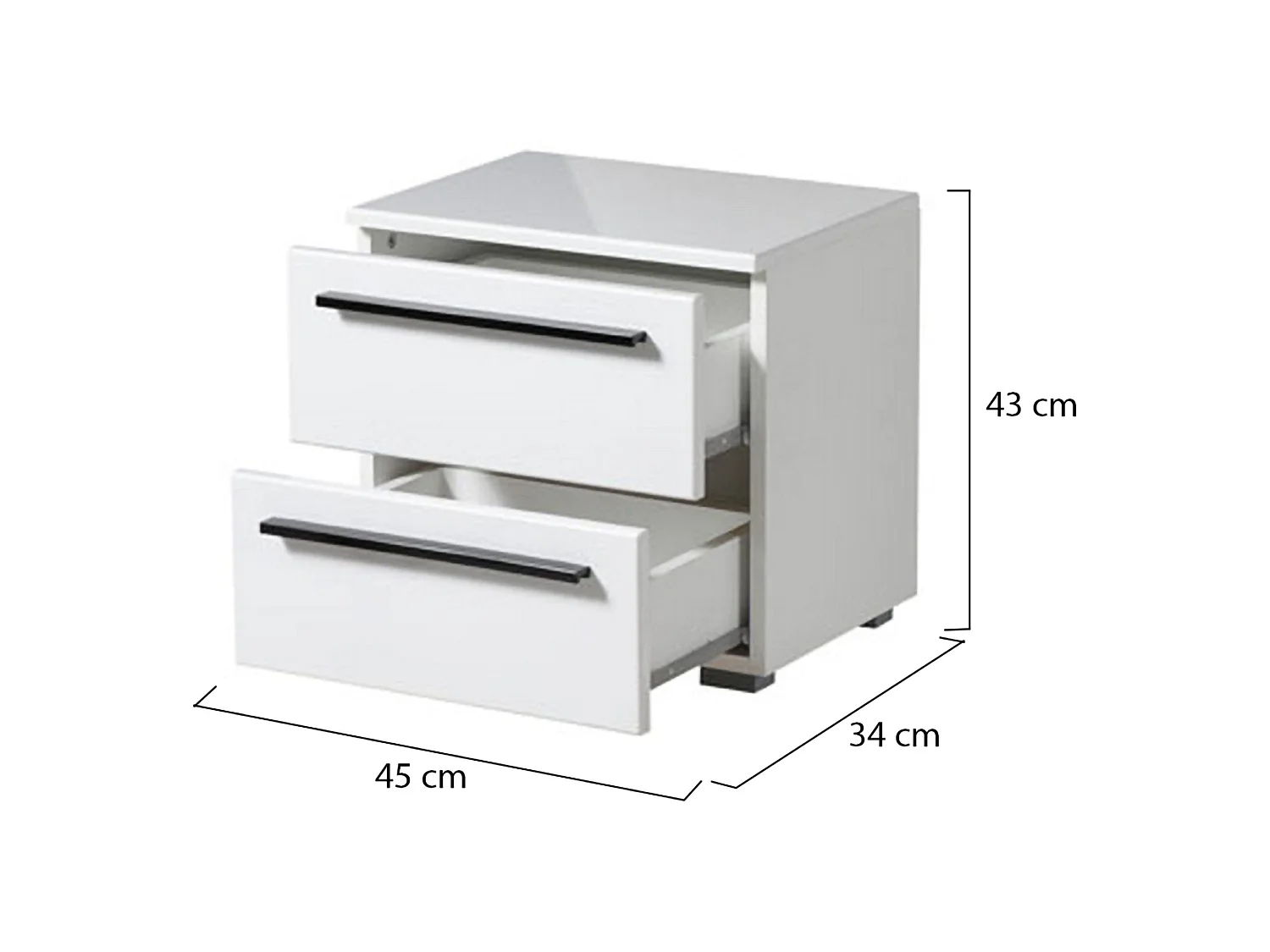 Comodino Mosso, 2 Cassetti, 45x34x43h cm Bianco, un Ripiano, Apertura Scorrevole
