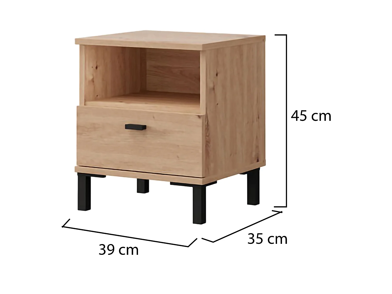 Comodino Jinja, un Cassetto, 39x35x45h cm Marrone Rovere, 2 Ripiani, Apertura Scorrevole
