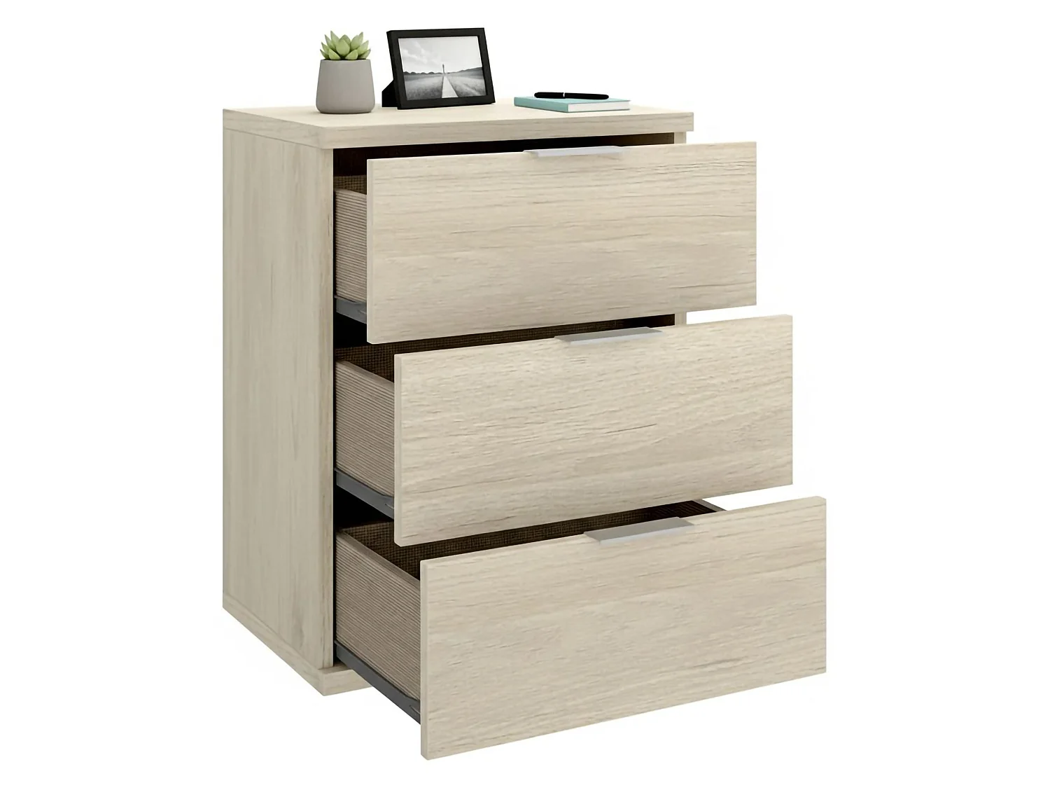 Comodino Blythe, 3 Cassetti, 34x42x57h cm Marrone Rovere, un Ripiano, Piedini abs Antirumore e Antigraffio