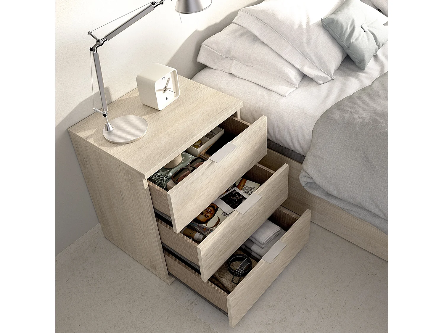 Comodino Blythe, 3 Cassetti, 34x42x57h cm Marrone Rovere, un Ripiano, Piedini abs Antirumore e Antigraffio
