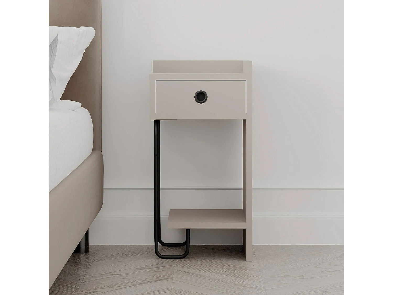 Comodino Halola, un Cassetto, 32x30x61h cm Grigio Tortora, 2 Ripiani, Apertura Scorrevole