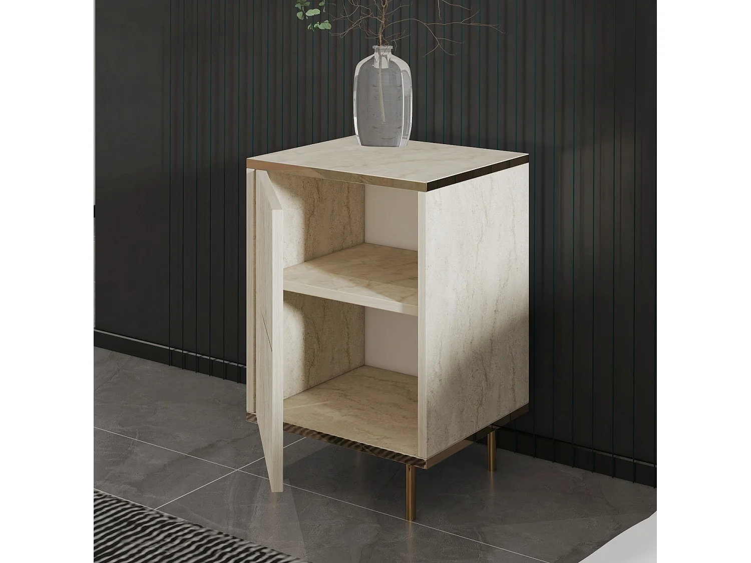 Comodino Vestone, un Ripiano, 40x35x60h cm Beige Marmo, Apertura Battente, Un'anta