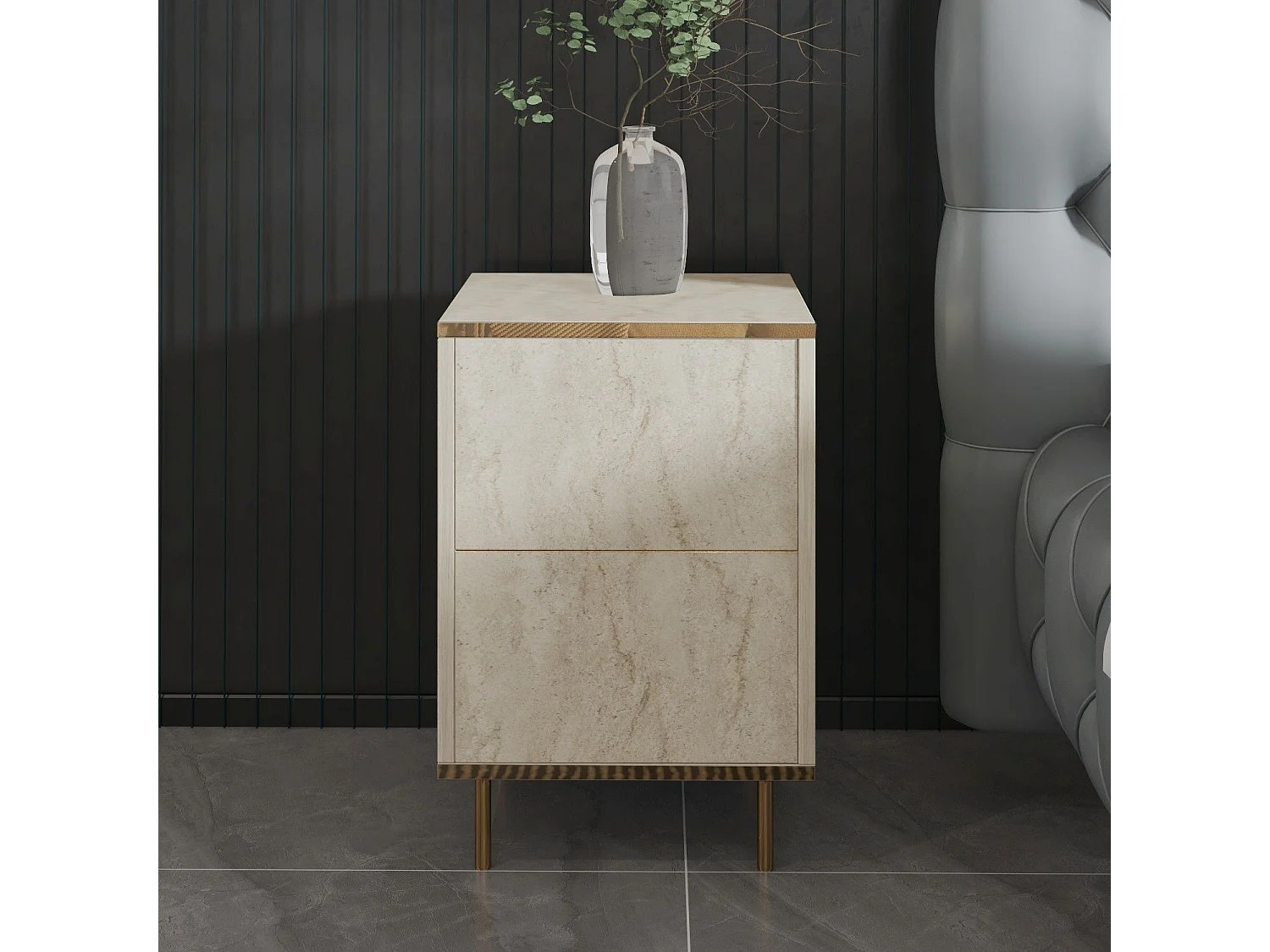 Comodino Vestone, un Ripiano, 40x35x60h cm Beige Marmo, Apertura Battente, Un'anta