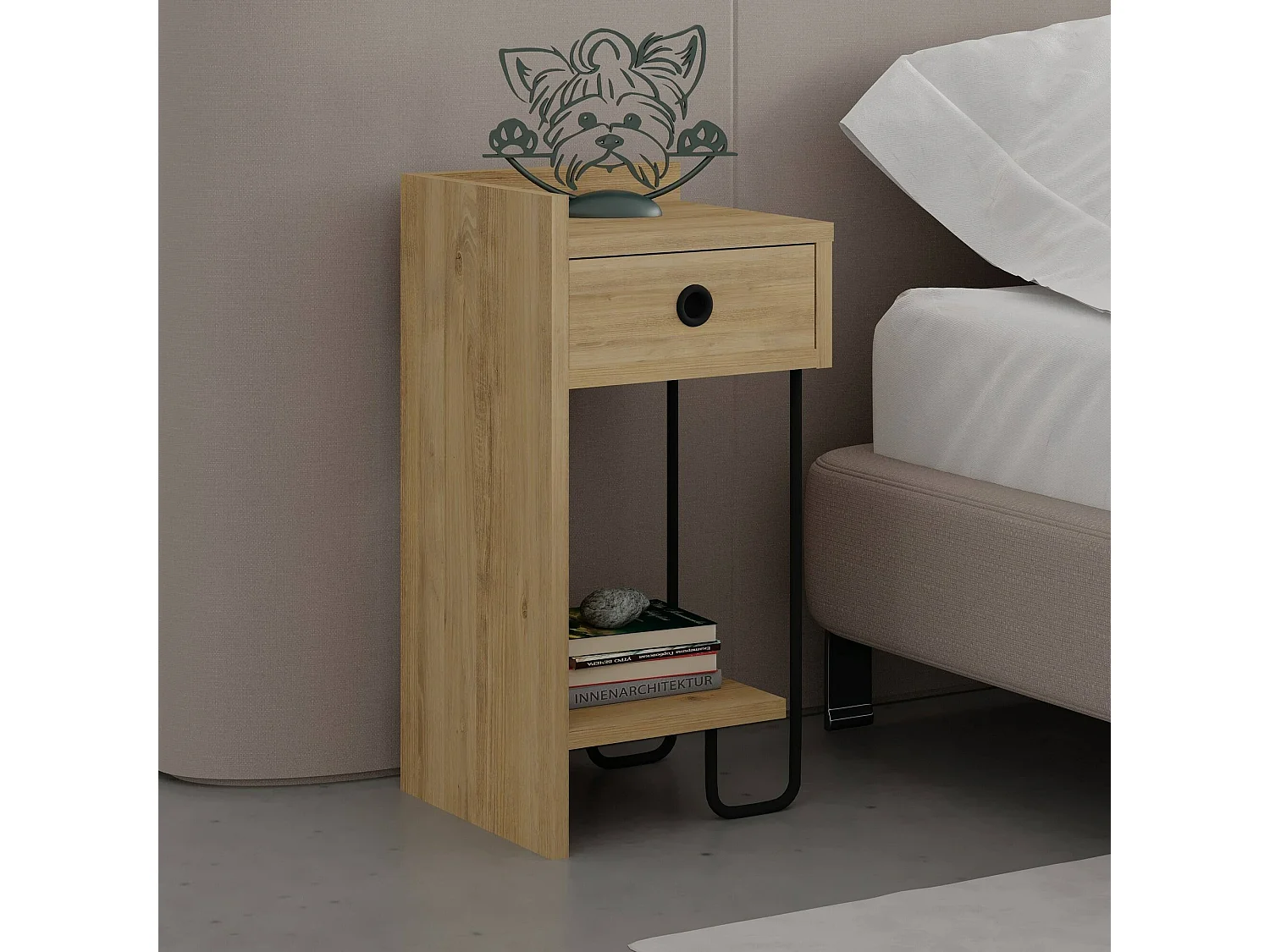 Comodino Cedro, un Cassetto, 32x30x61h cm Marrone Quercia, 2 Ripiani, Apertura Scorrevole