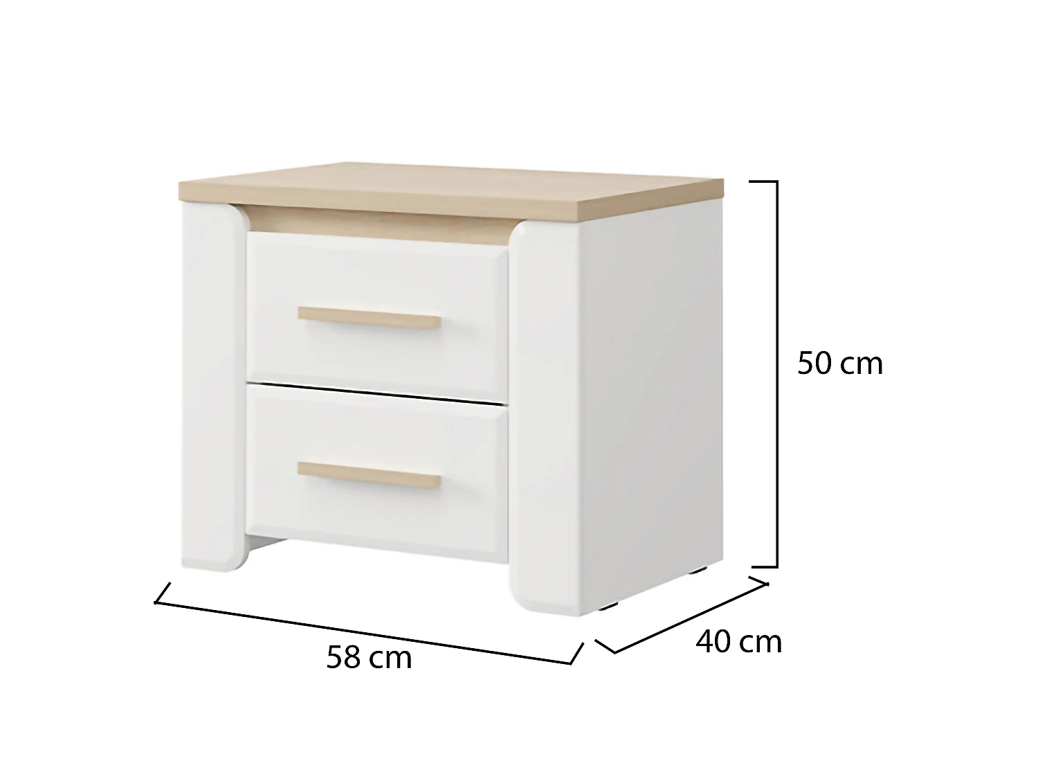 Comodino Yamba, 2 Cassetti, 58x40x50h cm Bianco Opaco, un Ripiano, Apertura Scorrevole