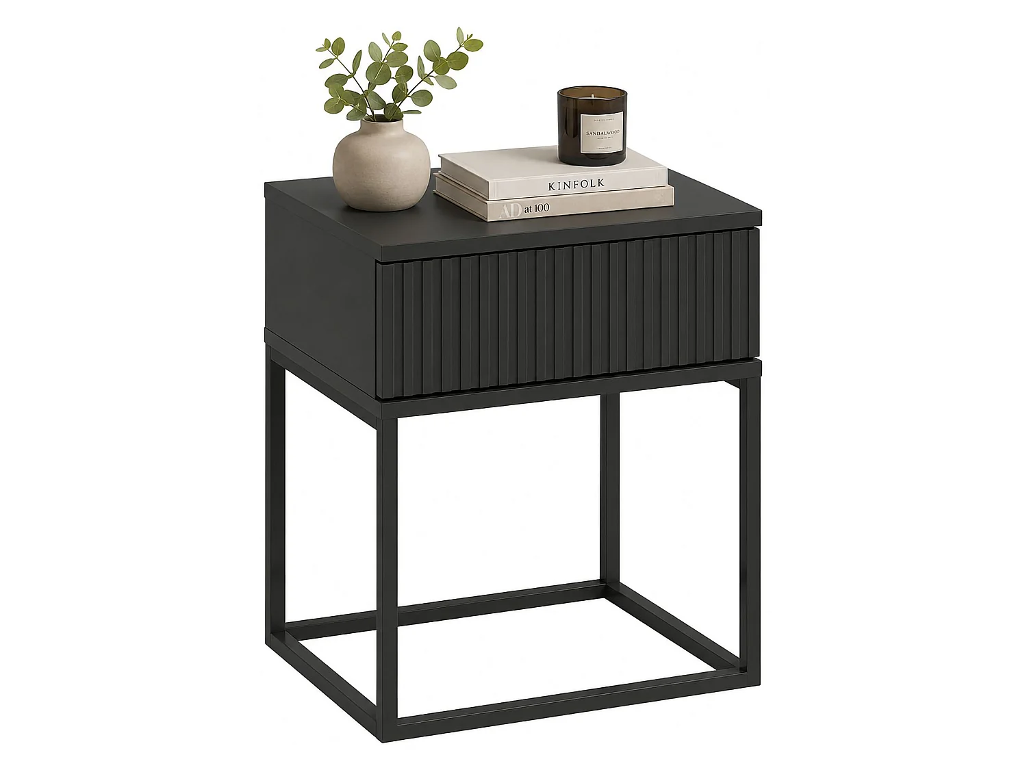Comodino Lelalaha, un Cassetto, 40x39x52h cm Nero Antracite, un Ripiano, Apertura Scorrevole