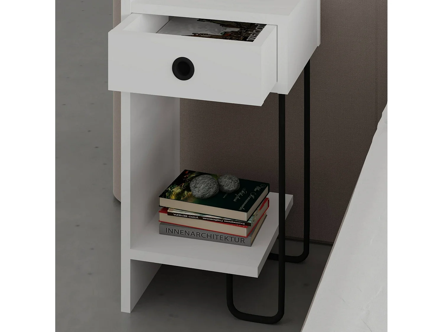 Comodino Cedro, 2 Ripiani, 32x30x61h cm Bianco, un Cassetto, Apertura Scorrevole