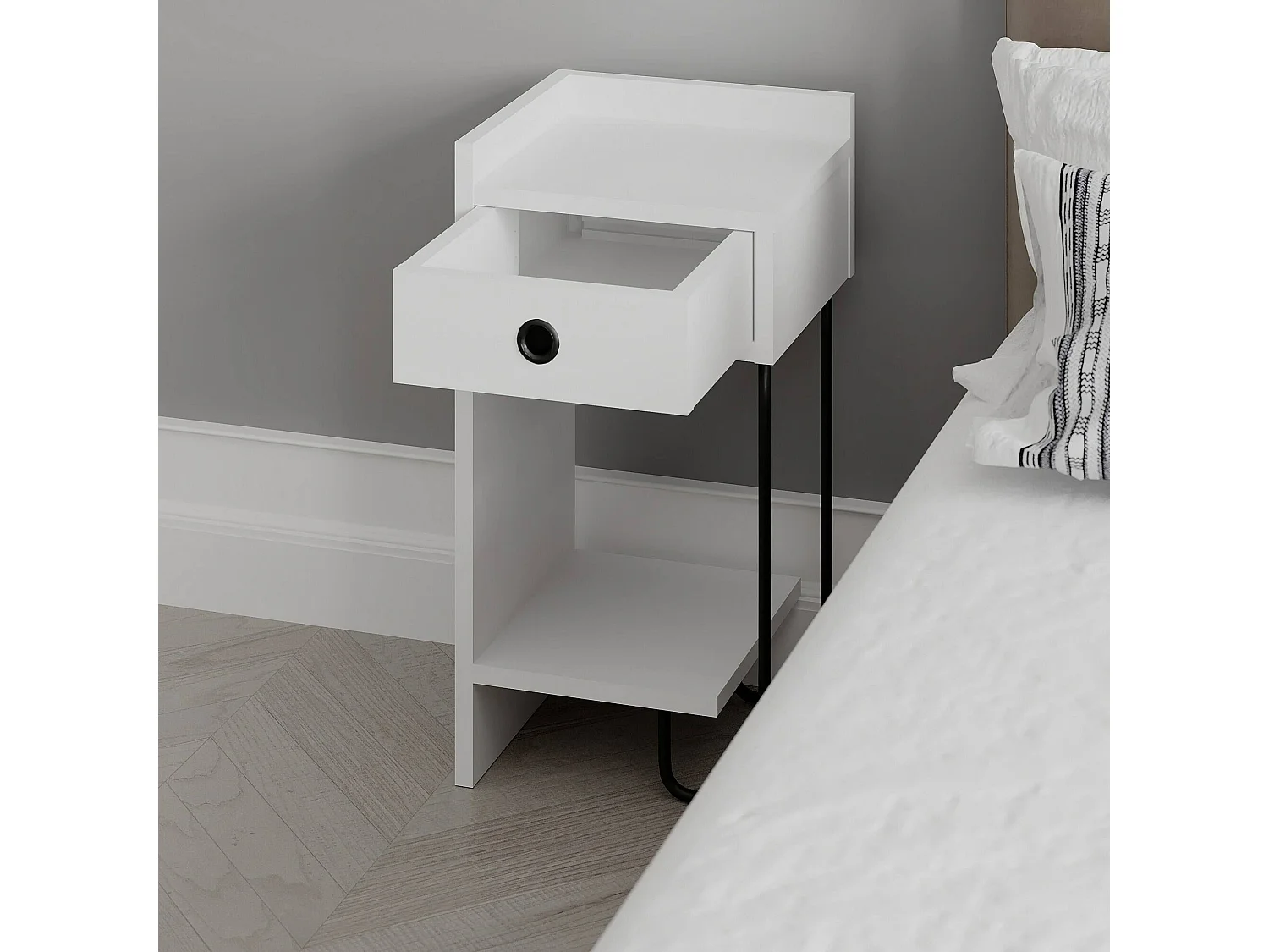 Comodino Cedro, 2 Ripiani, 32x30x61h cm Bianco, un Cassetto, Apertura Scorrevole