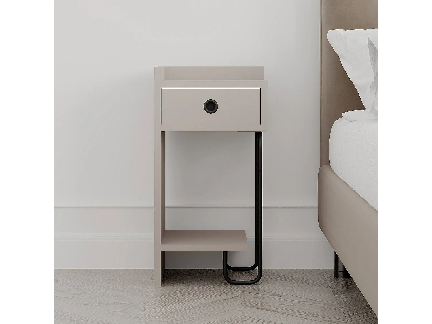 Comodino Cedro, un Cassetto, 32x30x61h cm Grigio Tortora, 2 Ripiani, Apertura Scorrevole