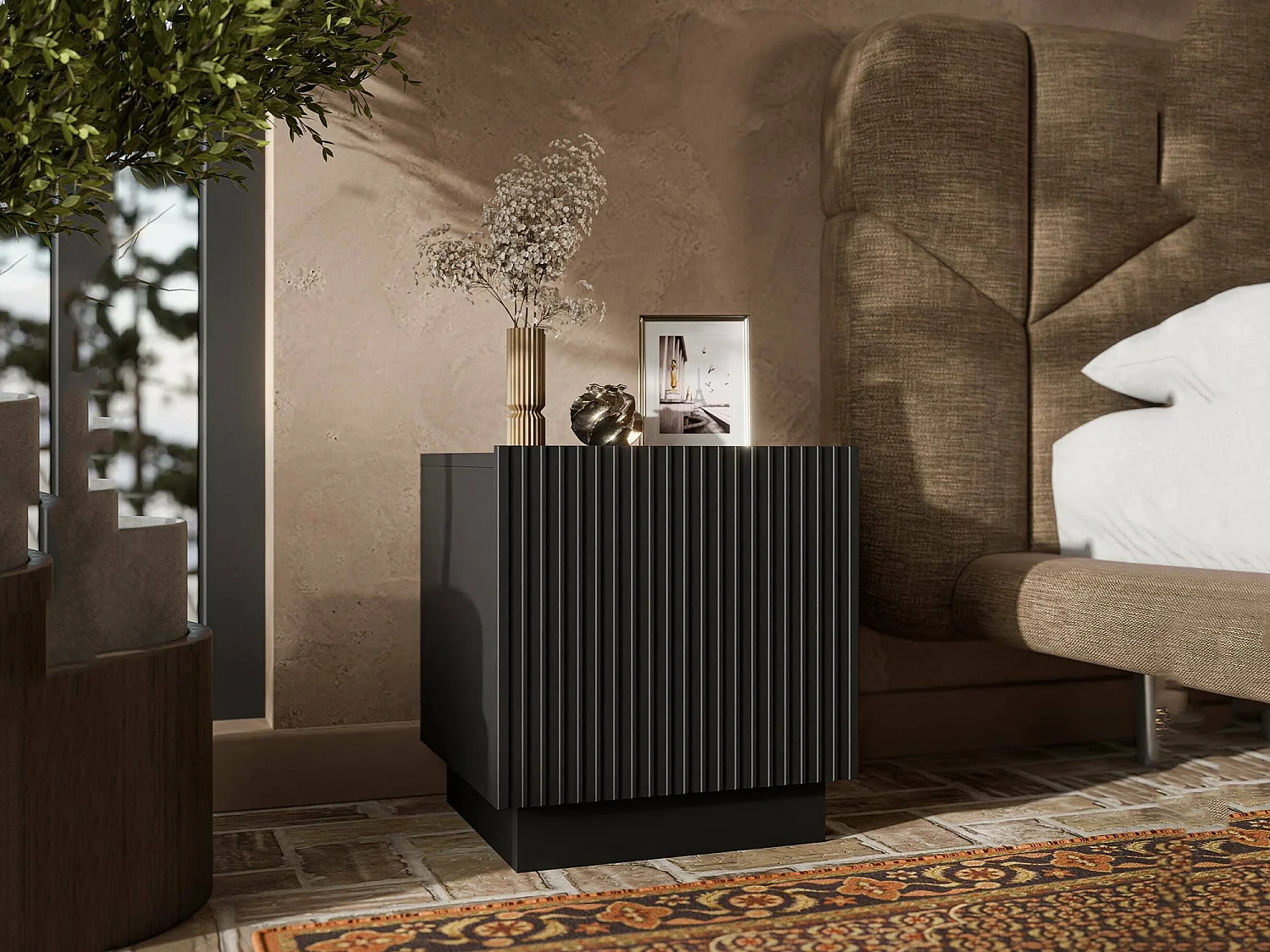 Mesa de cabeceira Revo, uma prateleira, 47x40x45h cm Preto, abertura de batente, uma porta