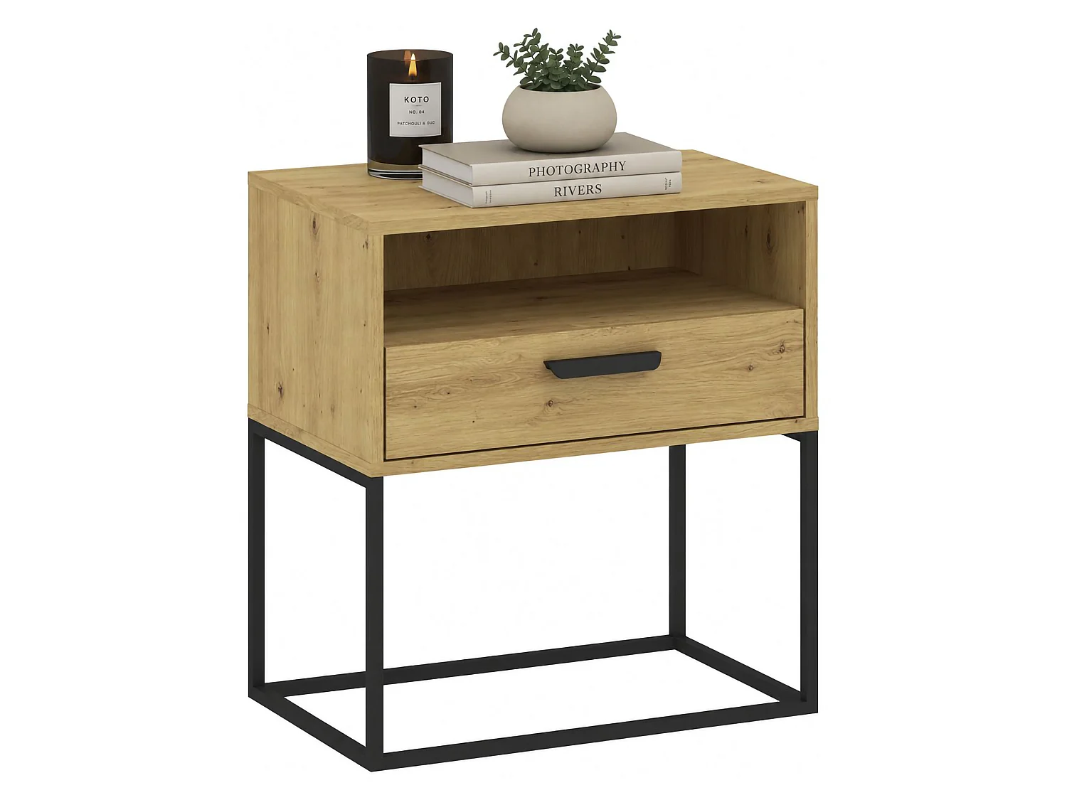 Comodino Leha, un Cassetto, 60x39x65h cm Marrone Rovere, un Ripiano, Apertura Scorrevole