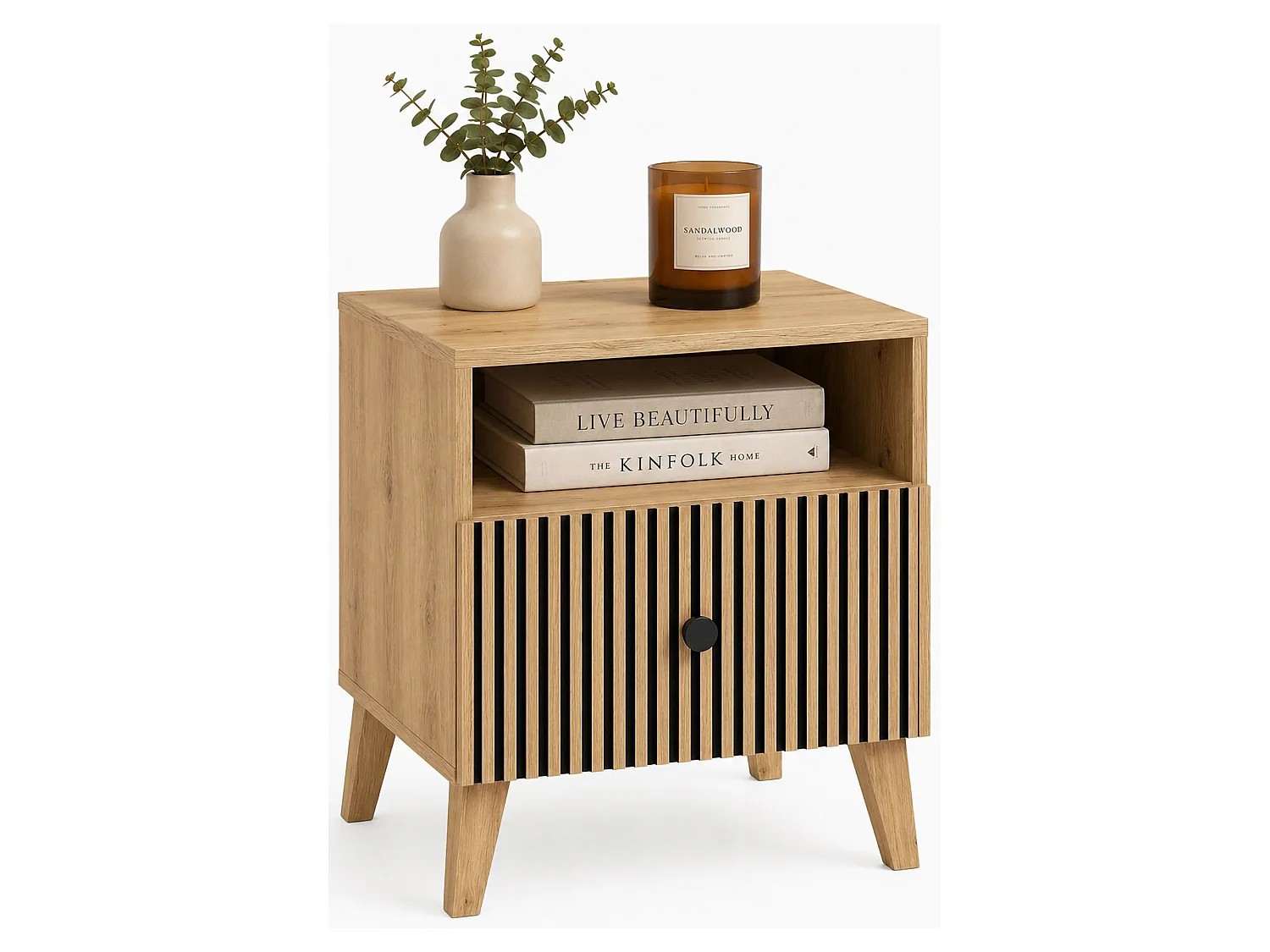 Comodino Ledatere, un Ripiano, 47x42x58h cm Marrone Rovere, un Cassetto, Listellato Verticale