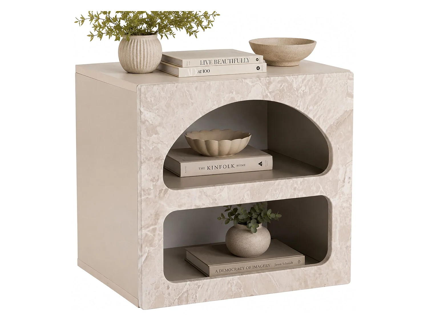 Comodino Nara, 3 Ripiani, 50x40x50h cm Bianco Marmo, Sfumatura Colore Struttura Marmo, Colore Ripiano Bianco