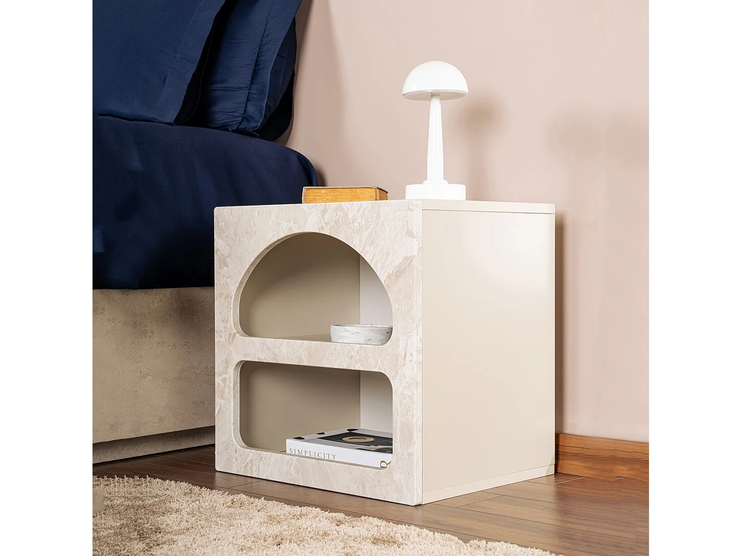 Comodino Nara, 3 Ripiani, 50x40x50h cm Bianco Marmo, Sfumatura Colore Struttura Marmo, Colore Ripiano Bianco