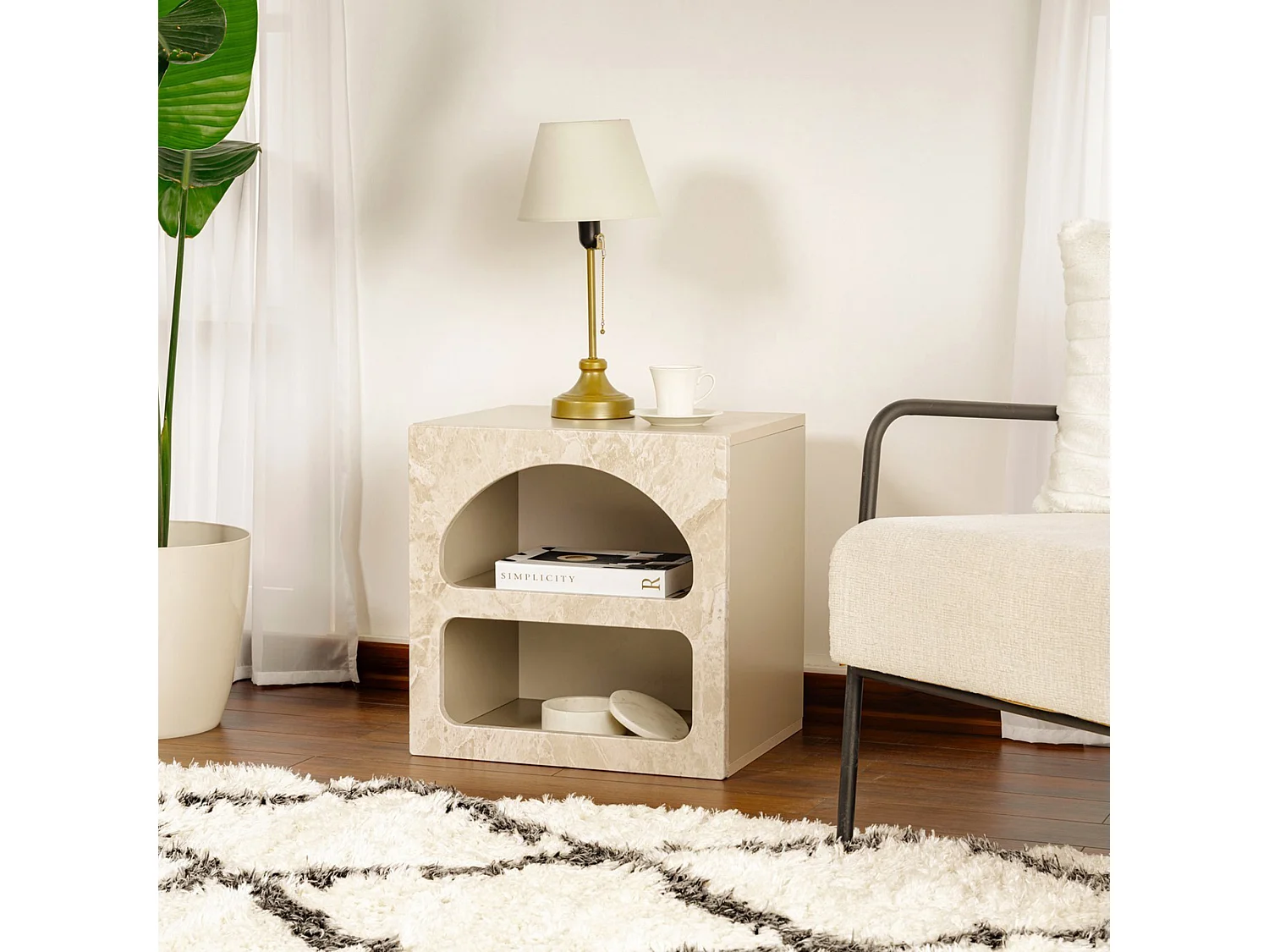Comodino Nara, 3 Ripiani, 50x40x50h cm Bianco Marmo, Sfumatura Colore Struttura Marmo, Colore Ripiano Bianco