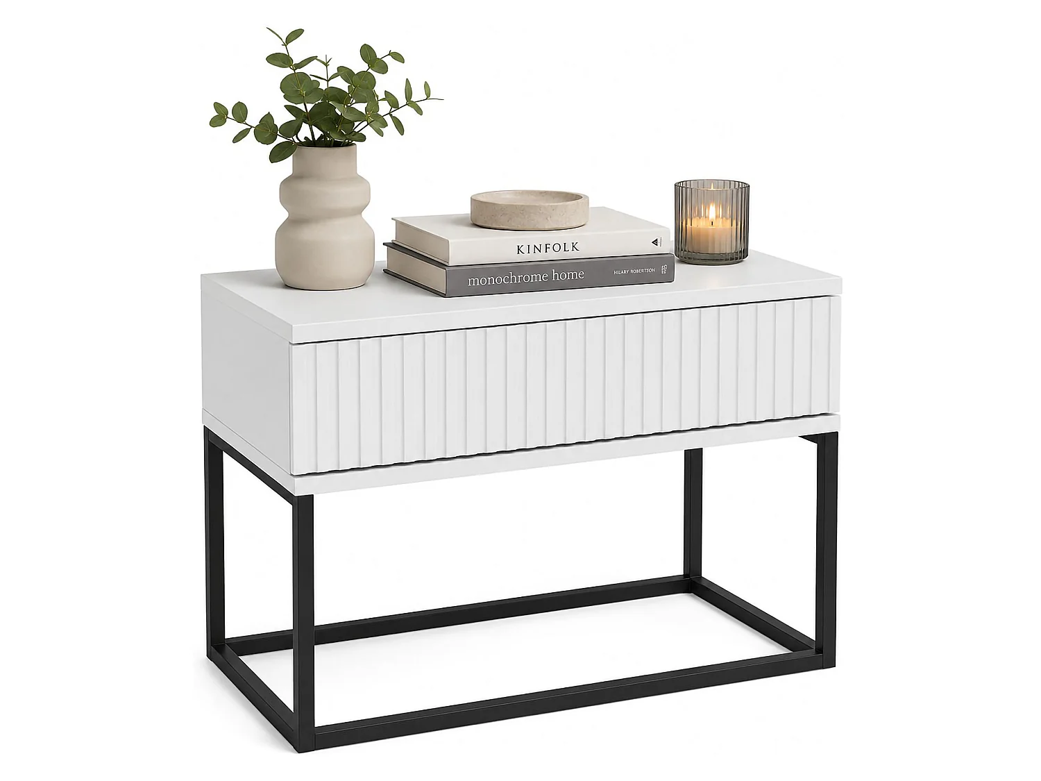 Comodino Leletete, un Cassetto, 60x39x52h cm Bianco, un Ripiano, Apertura Scorrevole