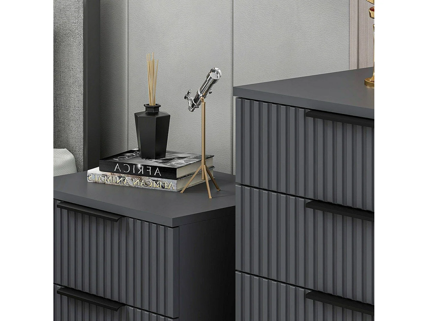 Comodino Meranti, 2 Cassetti, 50x40x47h cm Nero Antracite, un Ripiano, Apertura Scorrevole