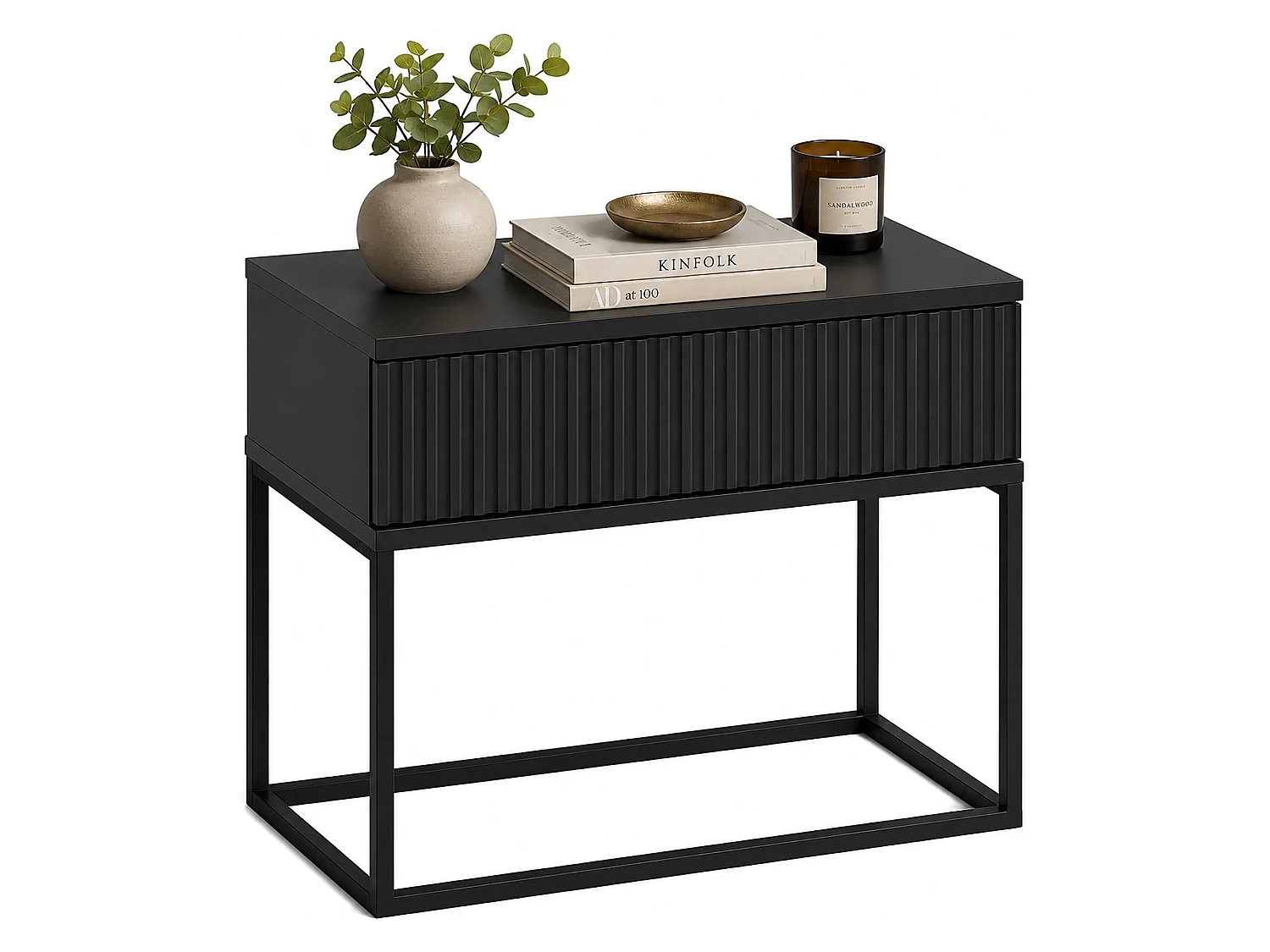 Comodino Leletete, un Cassetto, 60x39x52h cm Nero Antracite, Apertura Scorrevole, Chiusura Scorrevole