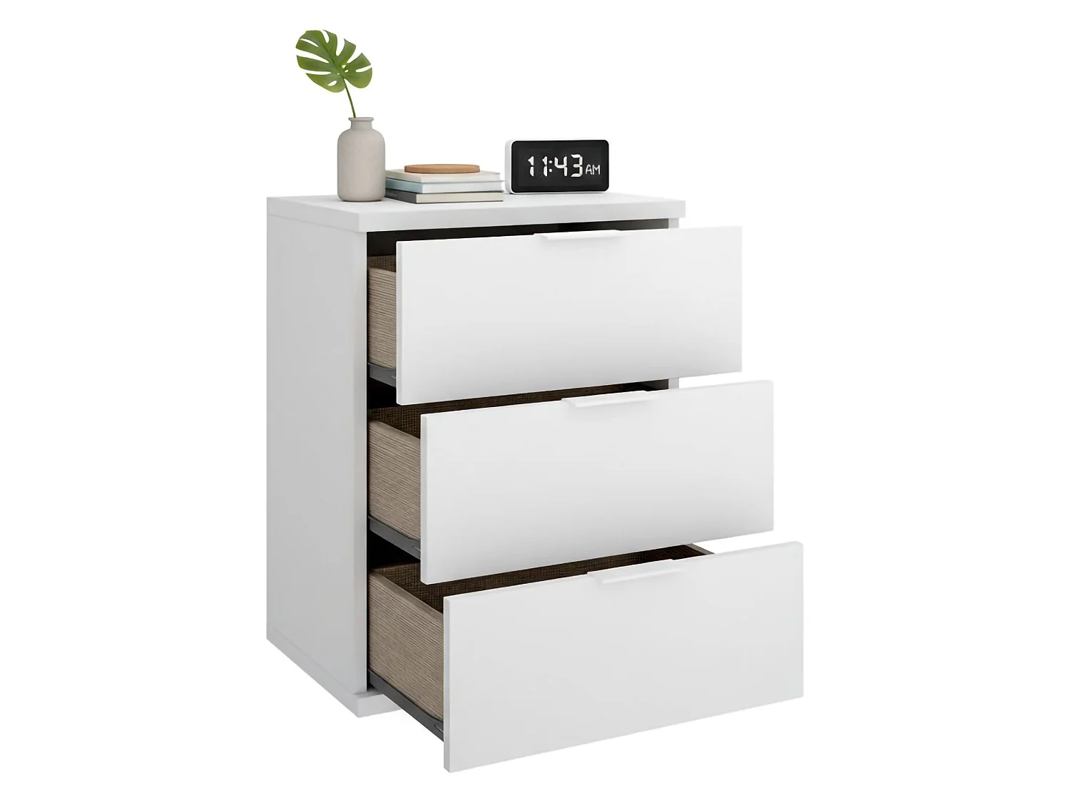 Comodino Sturgis, un Ripiano, 34x42x57h cm Bianco, 3 Cassetti, Apertura Scorrevole