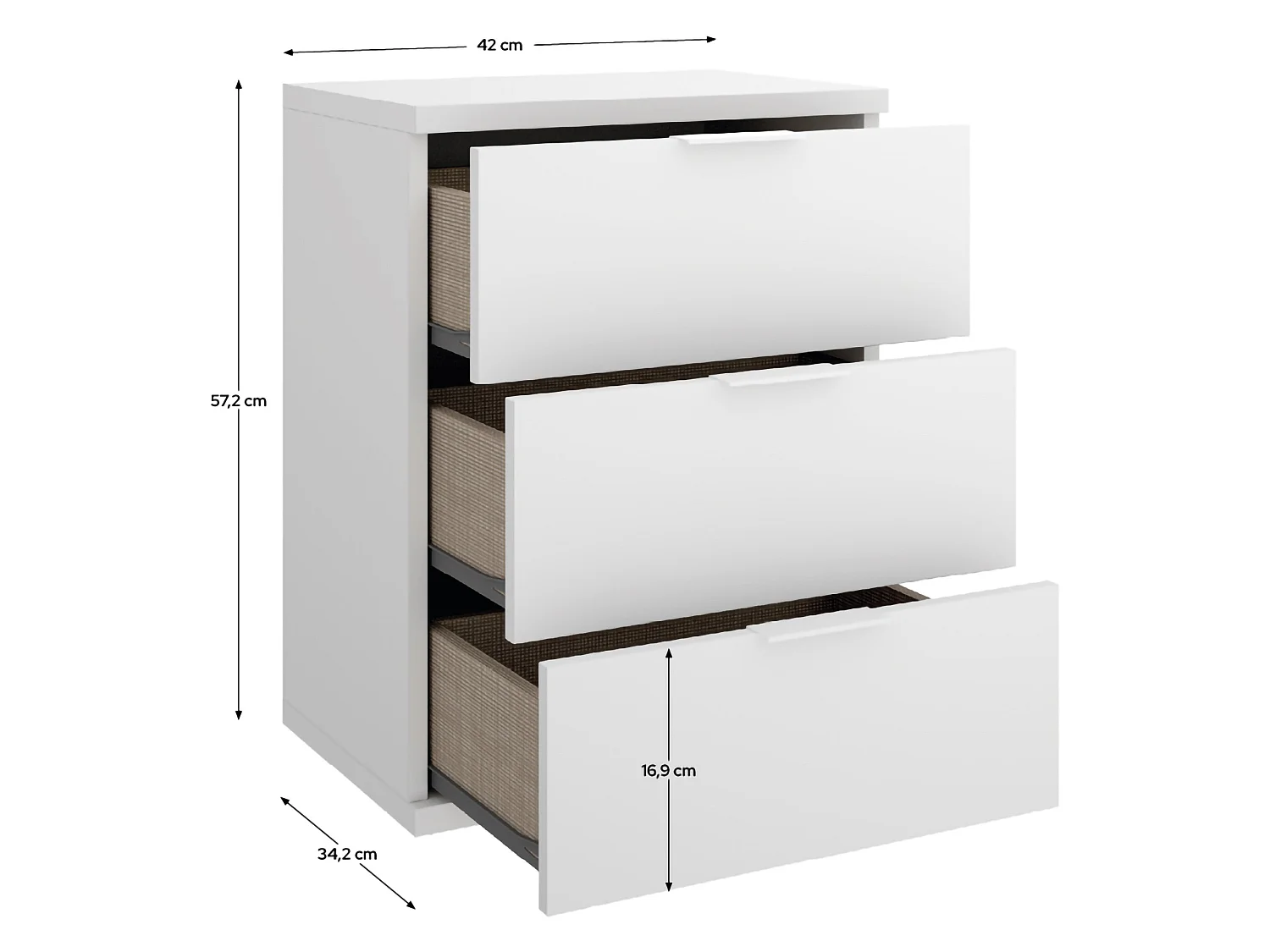 Comodino Sturgis, un Ripiano, 34x42x57h cm Bianco, 3 Cassetti, Apertura Scorrevole