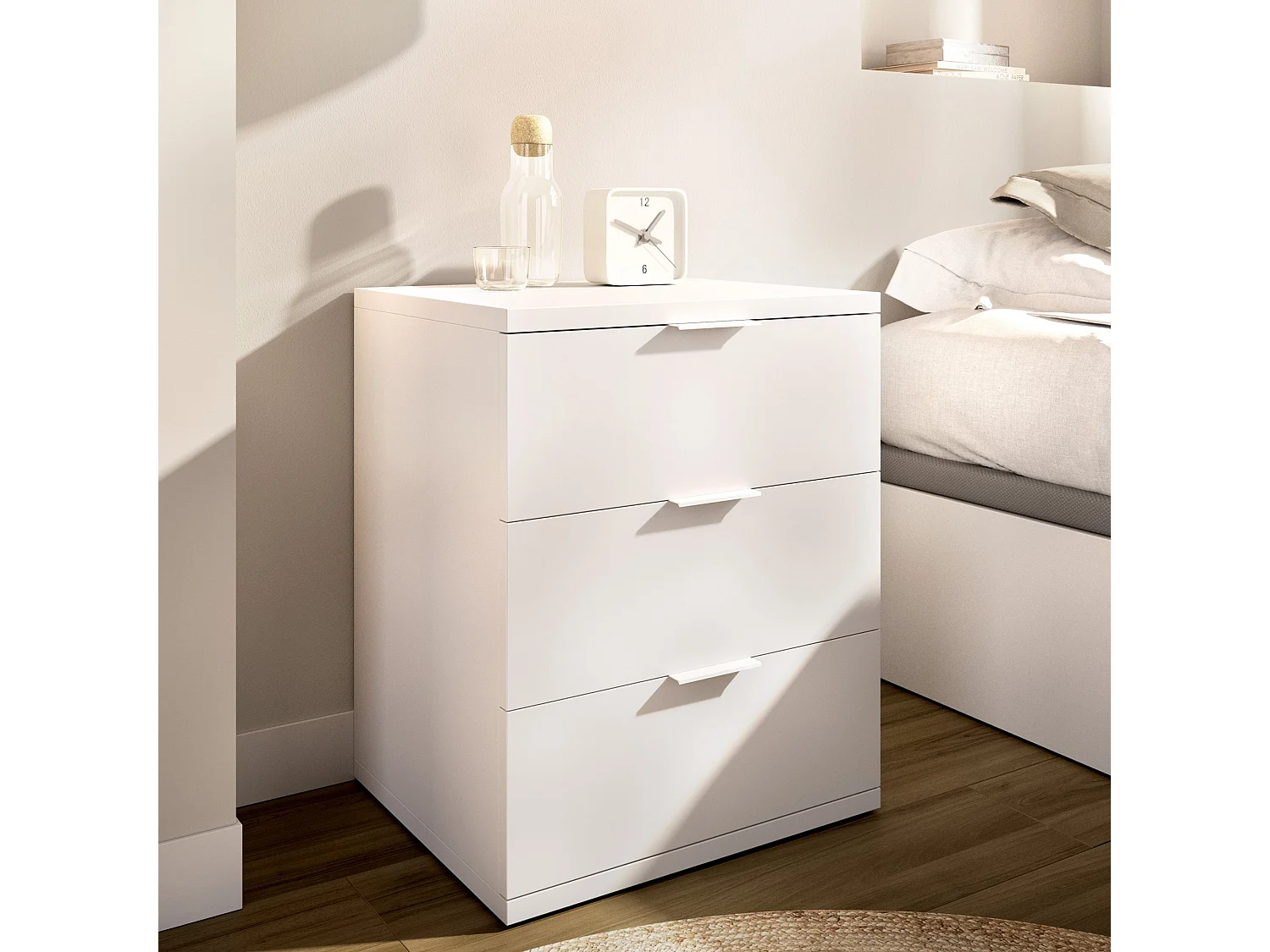 Comodino Sturgis, un Ripiano, 34x42x57h cm Bianco, 3 Cassetti, Apertura Scorrevole