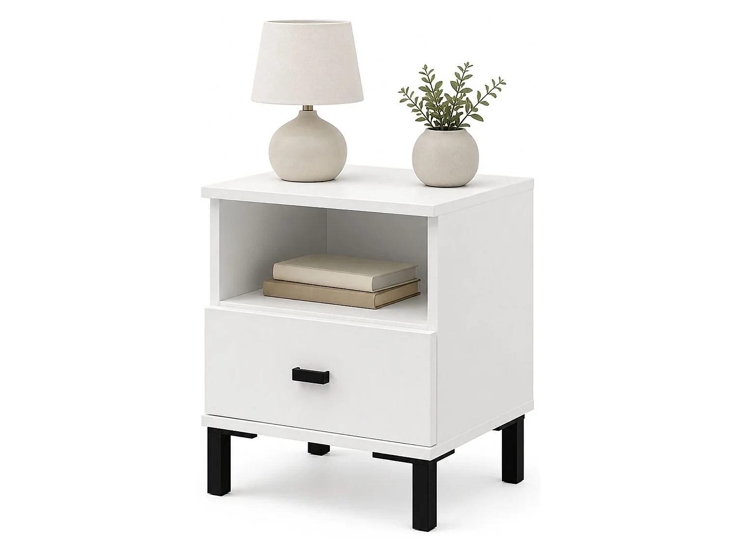 Comodino Ghadam, un Cassetto, 39x35x45h cm Bianco Opaco, 2 Ripiani, Apertura Scorrevole
