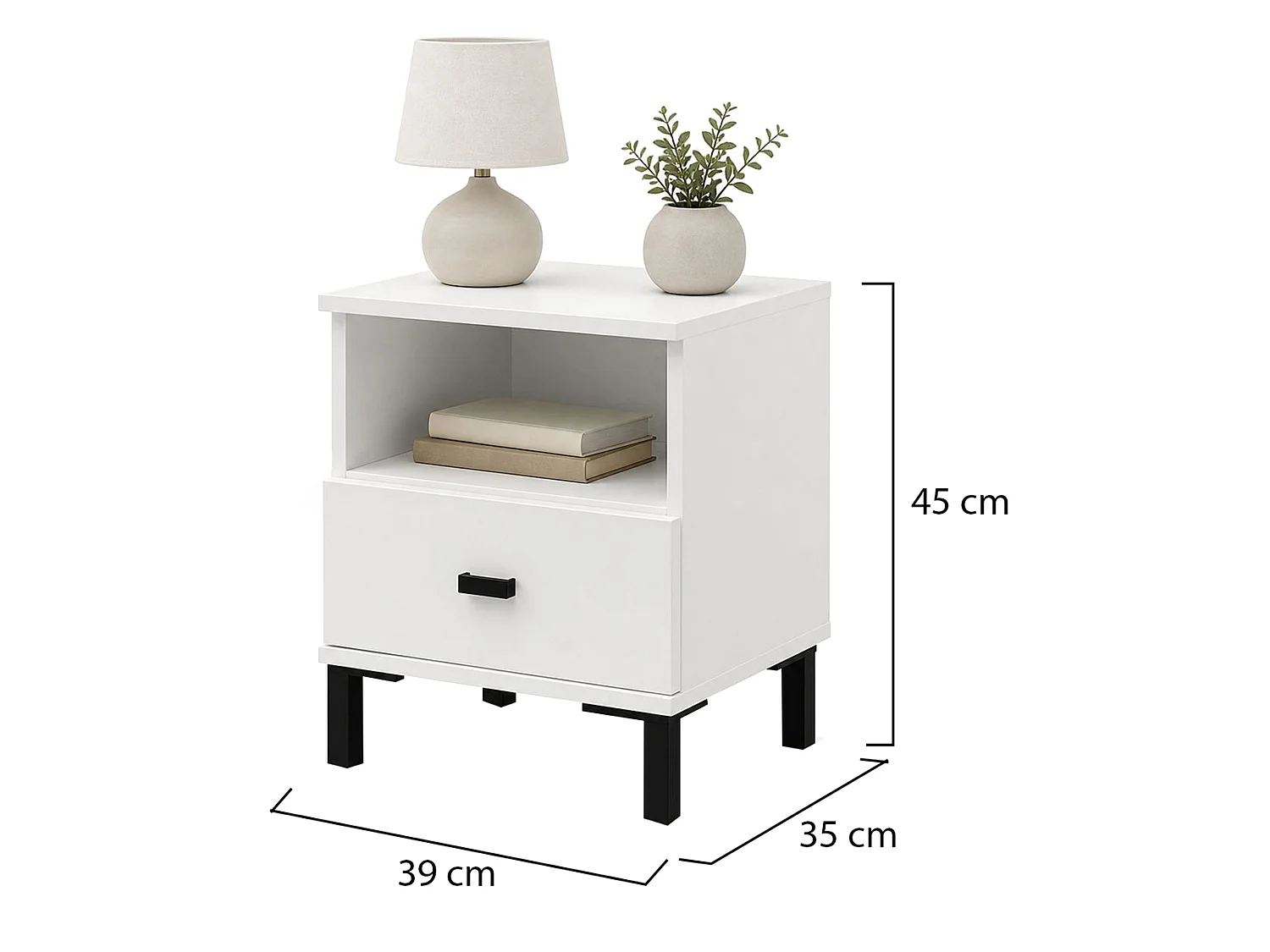 Comodino Ghadam, un Cassetto, 39x35x45h cm Bianco Opaco, 2 Ripiani, Apertura Scorrevole