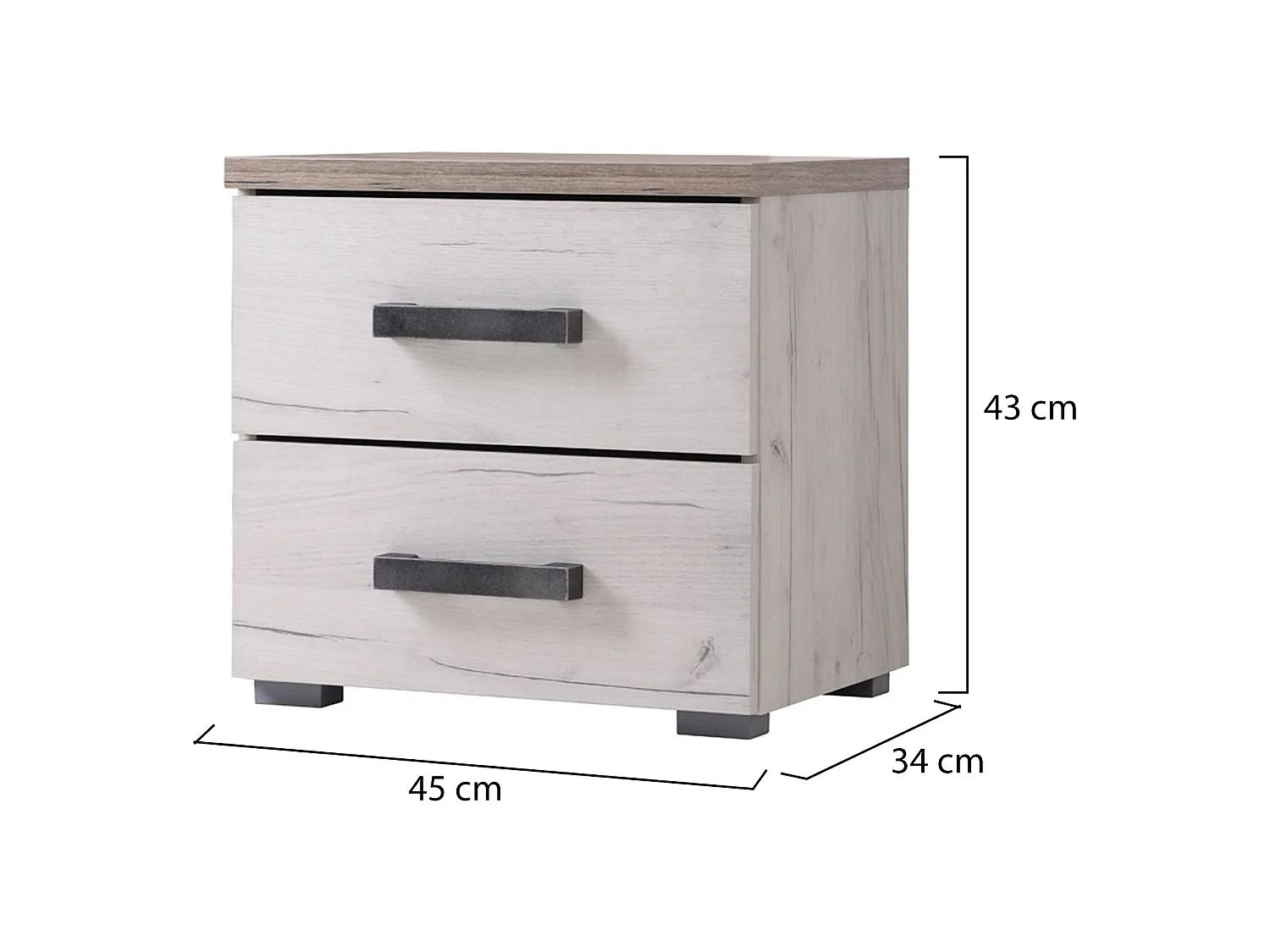 Comodino Roncello, 2 Cassetti, 45x34x43h cm Bianco Larice, un Ripiano, Apertura Scorrevole