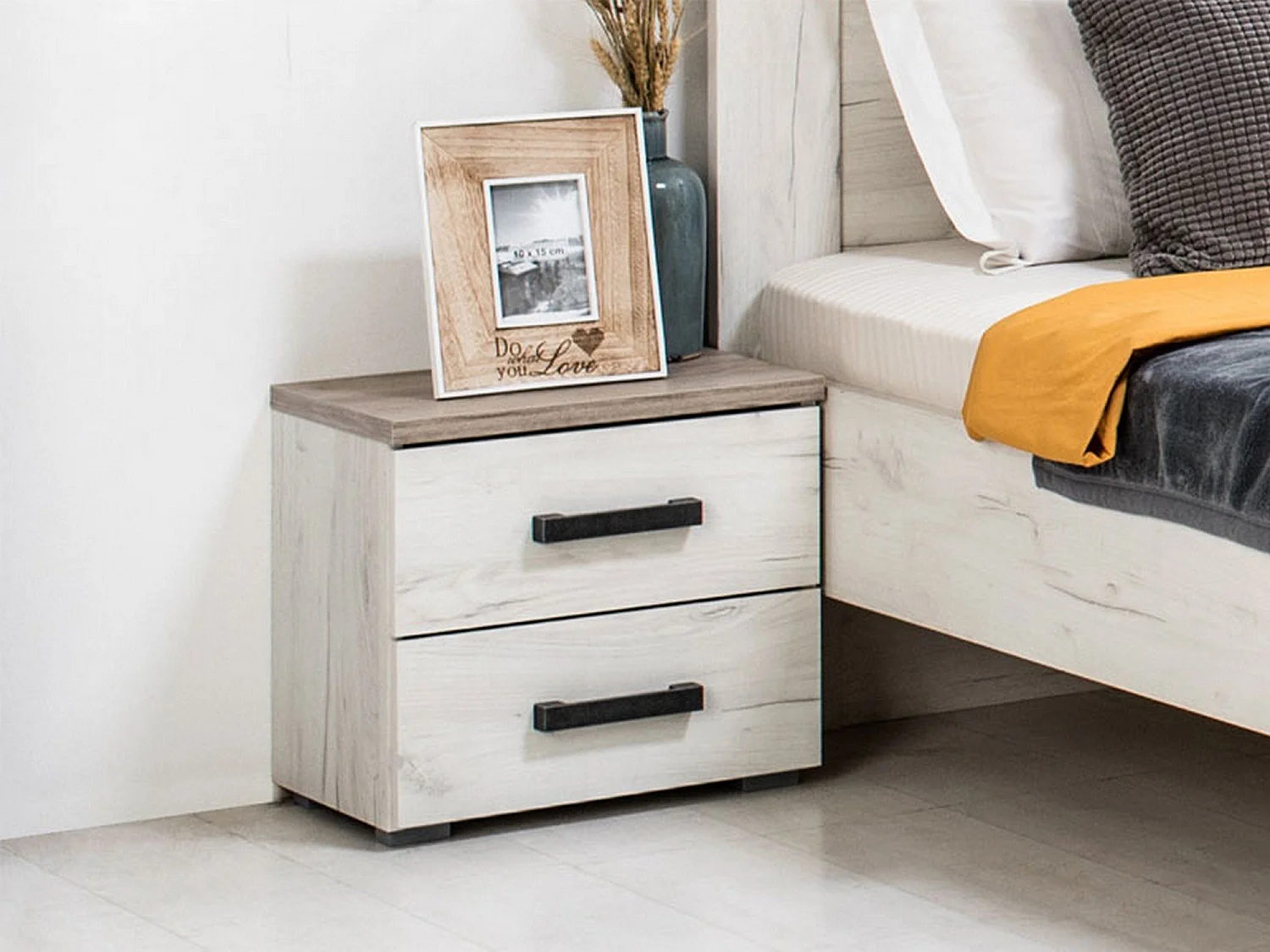 Comodino Roncello, 2 Cassetti, 45x34x43h cm Bianco Larice, un Ripiano, Apertura Scorrevole